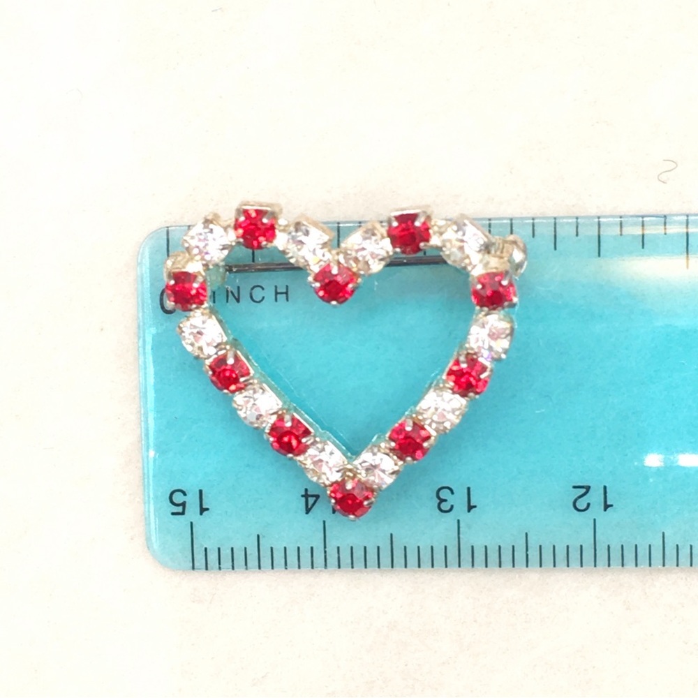 Dainty Crystal and Red Rhinestone Heart Brooch Pin - Picture 8 of 10